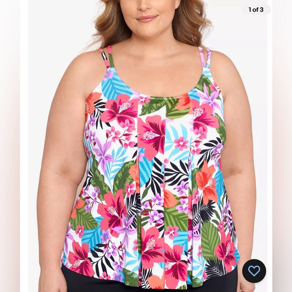 Swim Solutions Plus Size Pleated-Front Double-Strap Tankini Top floral Size 16W